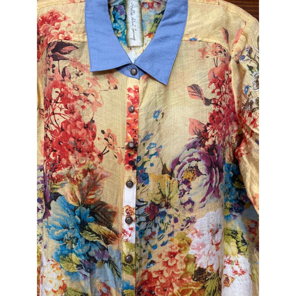 Aratta silent journey embroidered sequin button down floral blouse size M/L - Picture 3 of 9